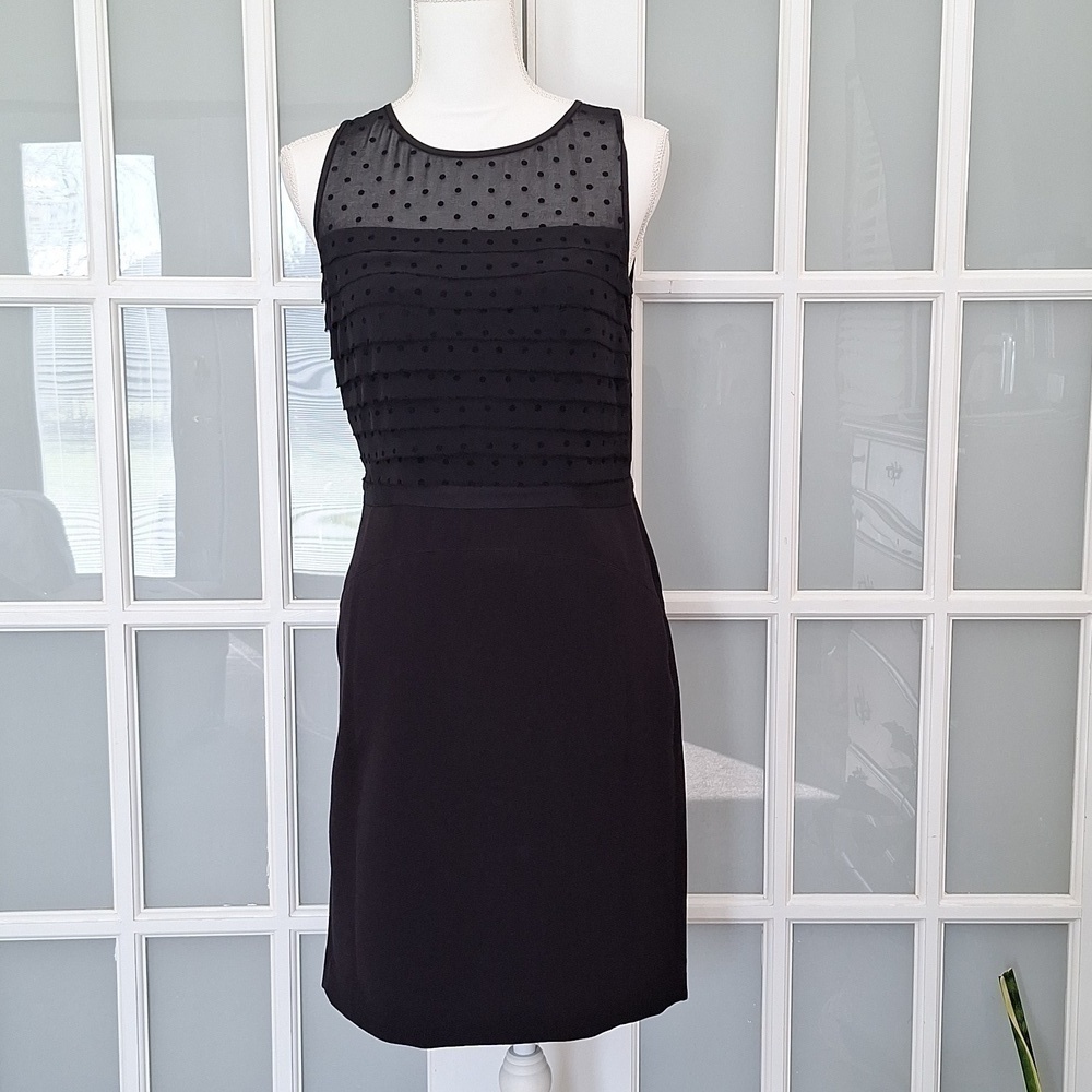 LOFT Black Polka Dot Layered Sheath Dress - Picture 2 of 14
